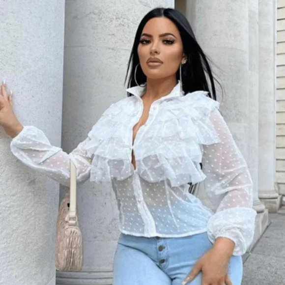 White Polka Dot Long Sleeve High Neck Ruffle Blouse Top - Picture 14 of 15